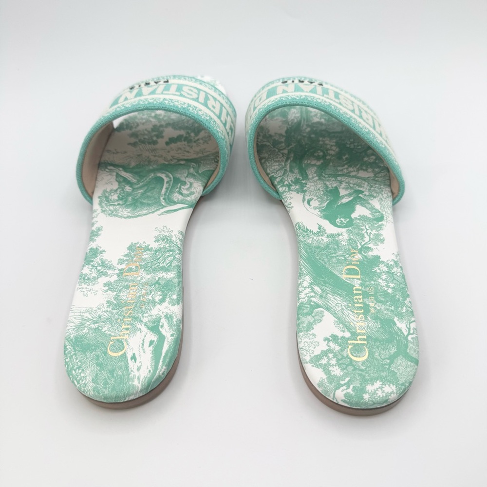 NEW Dior Green White Dway Toile Embroidered Canvas Flat Slide Sandals Shoes - Picture 3 of 9